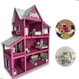 Casa De Boneca Mdf (Rosa) Com Kit Móveis