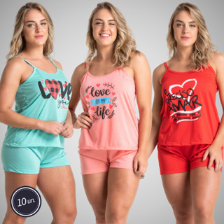 Kit 10 Pijama Baby Doll Short Liso Confortável Roupa De Dormir Cores Sortidas Fresquinho Curto Revenda Atacado 360 em Oferta na Shopee