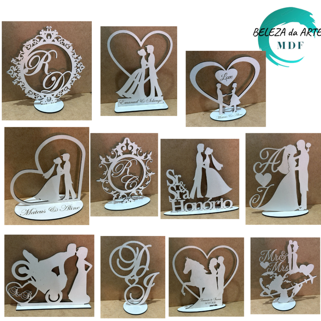 Topo bolo casamento/noivado em MDF laminado branco - 20cm altura - Personalizado
