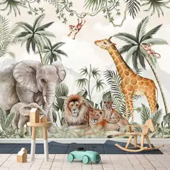 Papel De Parede Autocolante Personalizado Animais Safari Na Selva Para Quarto