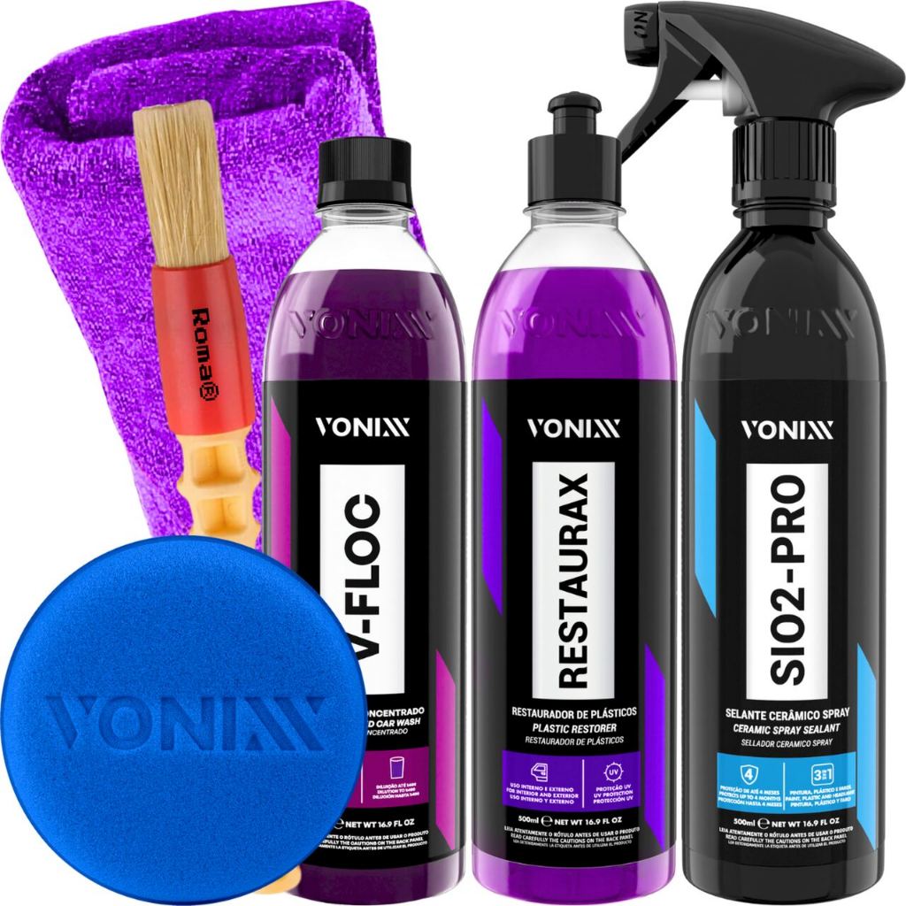 Kit Limpeza Automotiva Shampoo Neutro V-Floc SiO2 Pro Restaurax Restaurador de Plásticos Aplicador Vonixx + Pano +Pincel em Oferta na Shopee