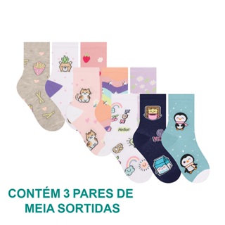 Kit Com 3 Pares De Meias Infantil Selene Estampadas Para Meninos e Meninas Calcanhar Verdadeiro em Oferta na Shopee