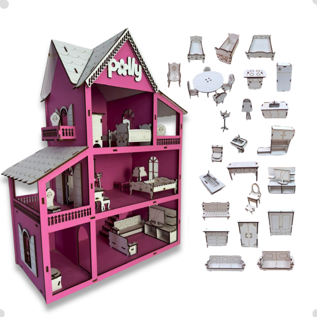 Casinha Para Boneca + 30 Móveis 57x45cm Casa em mdf para Bonecas Casinha polly - Completa
