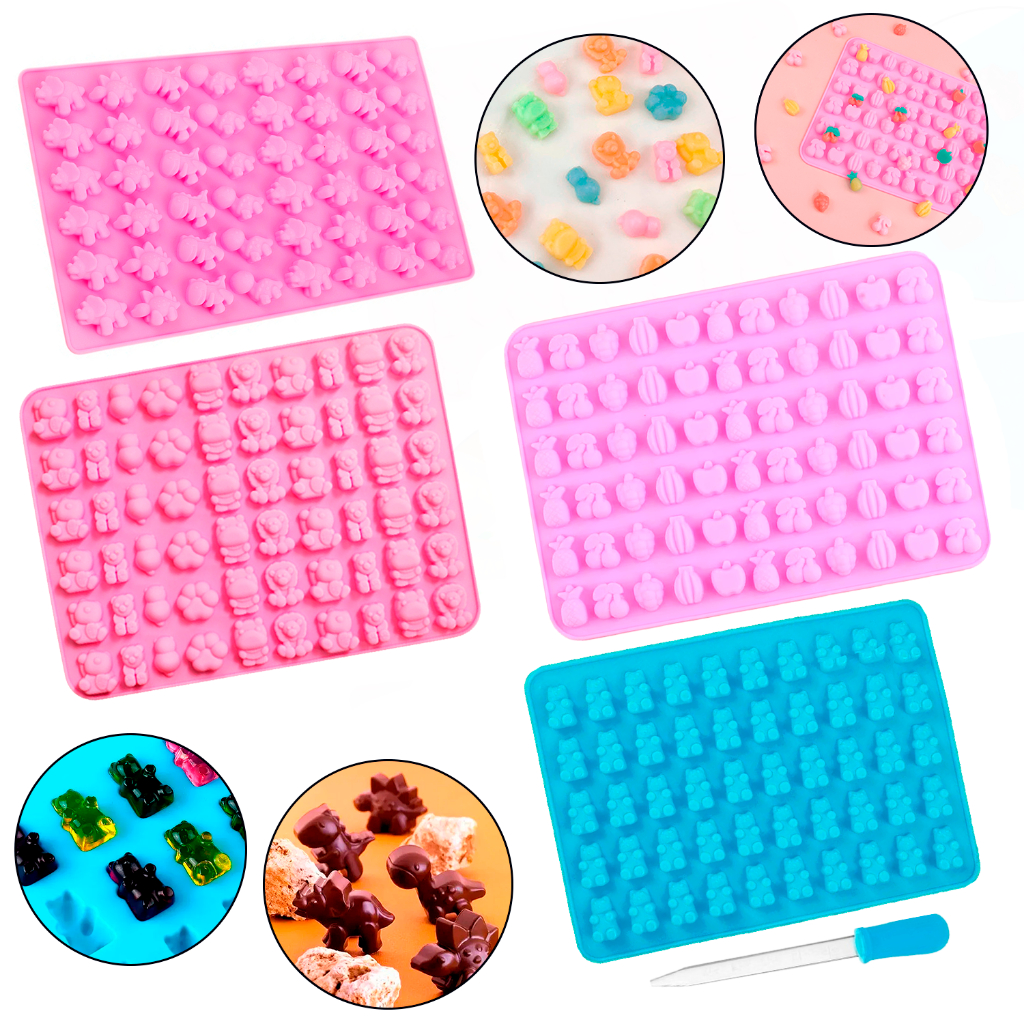 Kit Moldes Silicone Dinossauro Ursinho Selva Animais Frutinhas Chocolate Goma Gelo Gelatina Doce em Oferta na Shopee