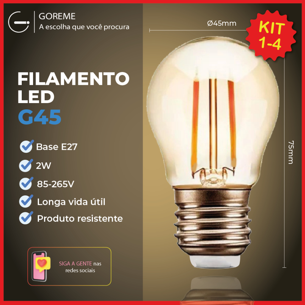 Lâmpada Filamento LED G45 2W E27 LUZ QUENTE 2,300K Âmbar Retrô Vintage 110V~220V Bivolt em Oferta na Shopee