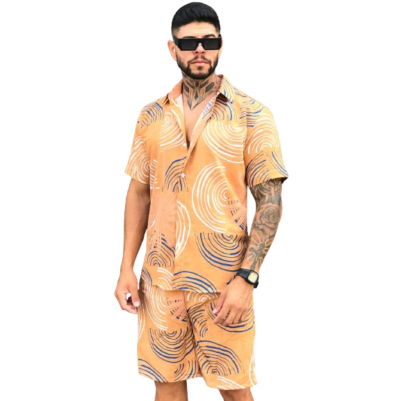 Conjunto Camisa Short Florido Havaiano Estampado  Adulto Masculino Tecido de Viscolinho com elastano