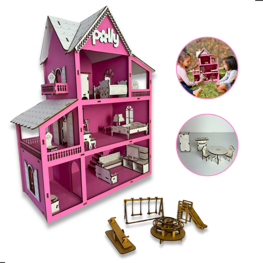 Casinha de Boneca Infantil com Moveis acompanha Parquinhos em Mdf Pintada
