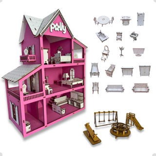 Casa Casinha de Boneca + Kit 19 Moveis acompanha Parquinhos Brinquedos Infantil em Mdf em Oferta na Shopee