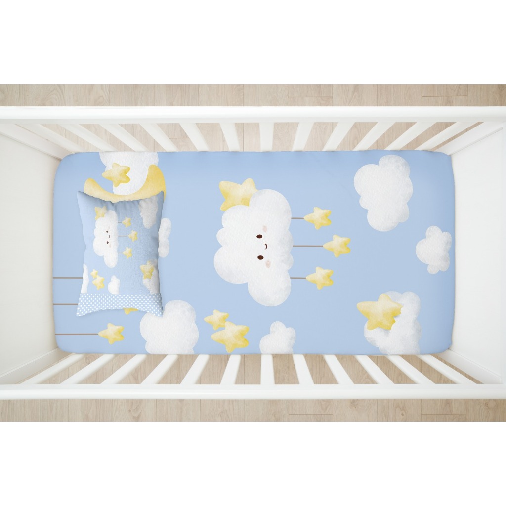 Lençol de Berço Nuvens 2 Peças (Lençol Estampado + Fronha Estampada) Decoração, Quarto Infantil