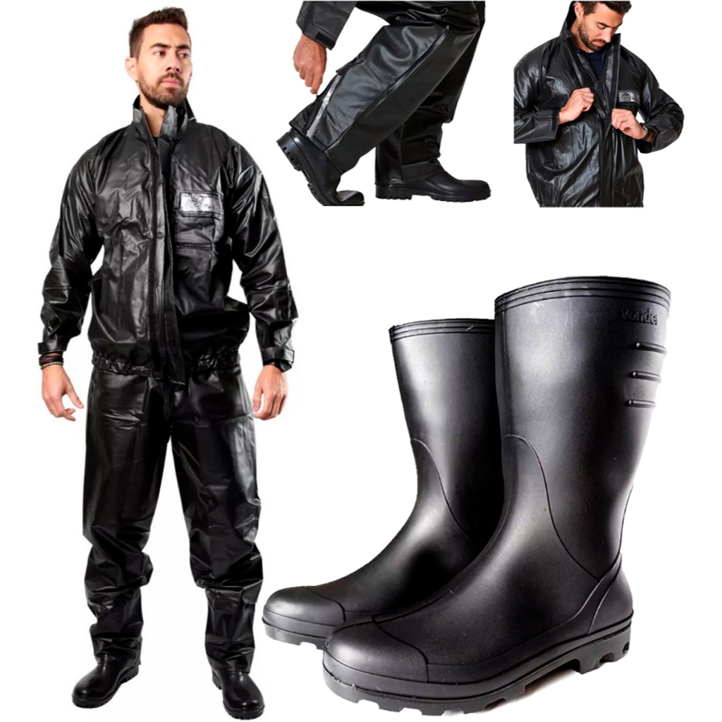 Kit Capa Roupa Chuva Moto Motoqueiro Motoboy Frio Pvc Gola Blusa Calça + Bota Botina Galocha - Sports & Outdoors