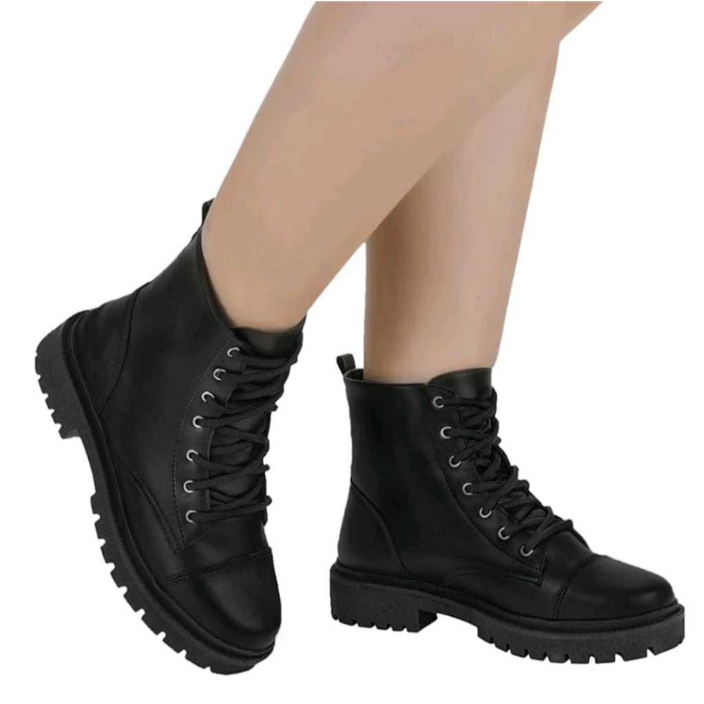 Coturno Militar Feminino Tratorado Plataforma Bota Cano Curto Confortável Macia Moda Preto