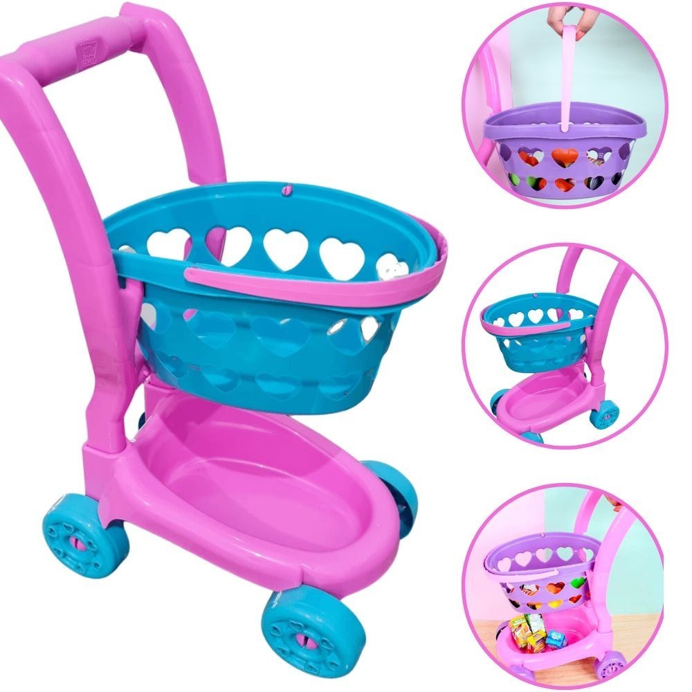 Carrinho Supermercado com Cestinha Compras Brinquedo Infantil Menina Carrinho de Compras