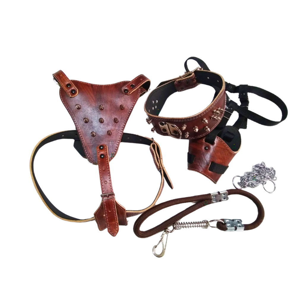 coleira peitoral focinheira kit guia corrente couro cachorro forte pitbull