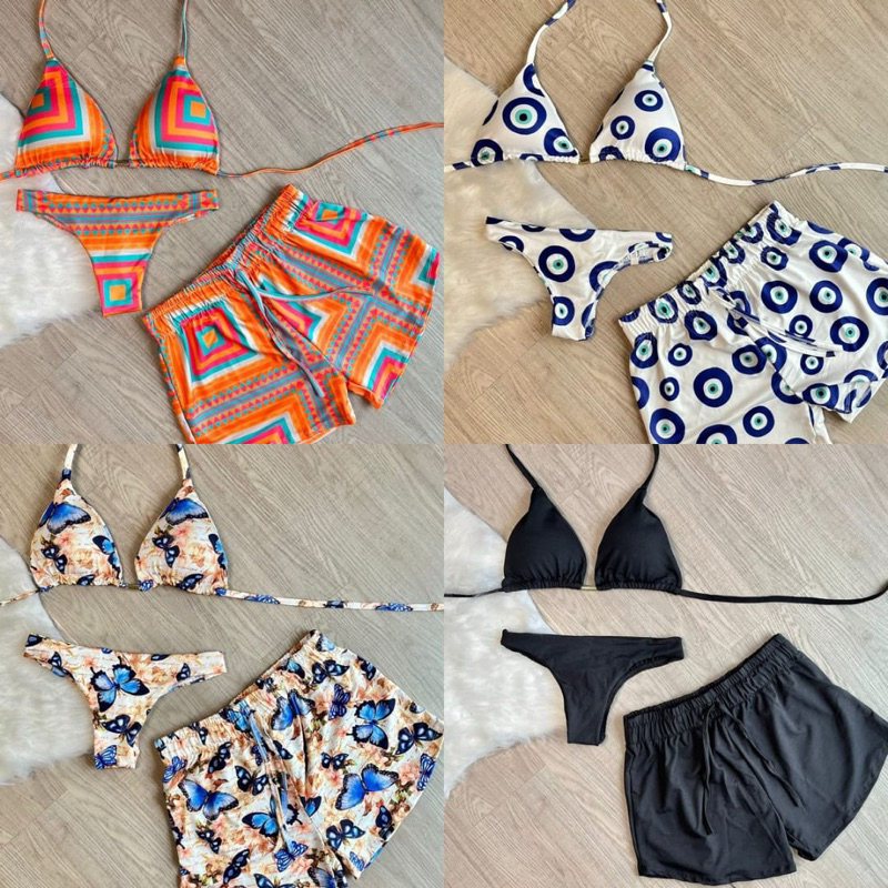kit biquini com shorts 3 peças triquini conjunto 3 peças P M G GG moda praia