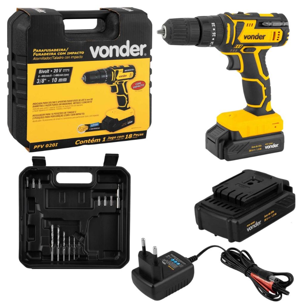 Parafusadeira Furadeira Com Impacto 2 Baterias 20V + carregador + Maleta + Acessórios PFV020I VONDER em Oferta na Shopee