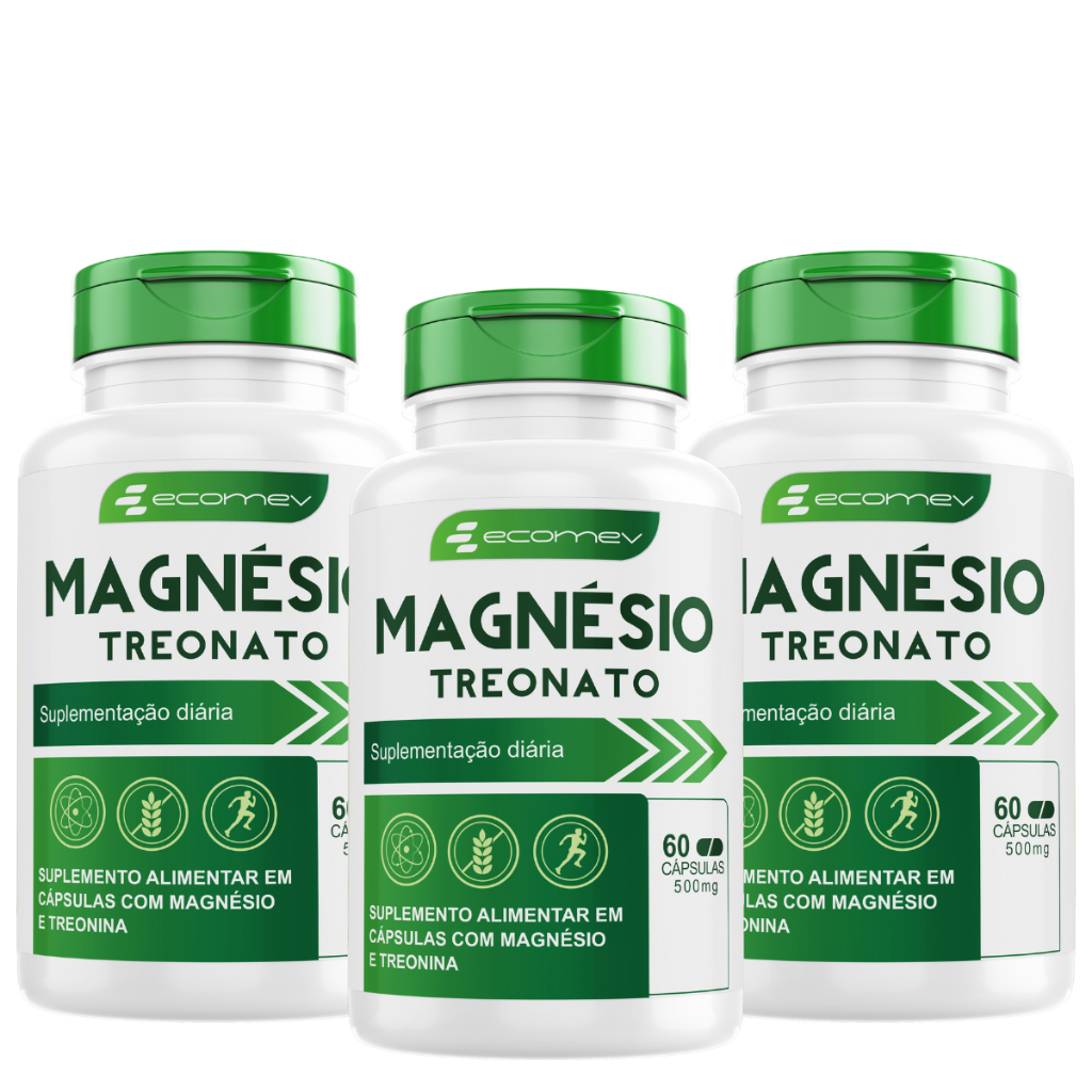 3 Potes Magnesio L-Treonato 500mg Puro 180 Capsula 3 Meses Tratamento