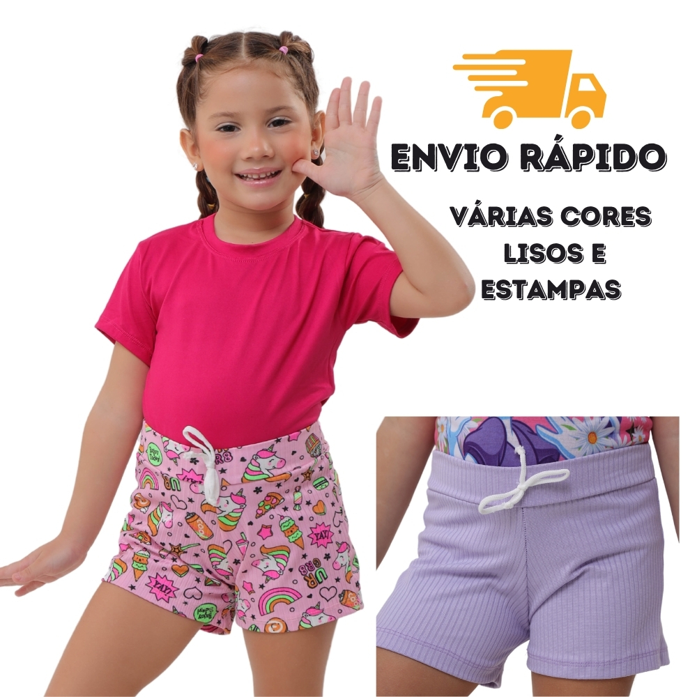 Kit 5 Short Infantil Feminino de Malha Canelada Estampado e Liso Verao Roupa De Menina