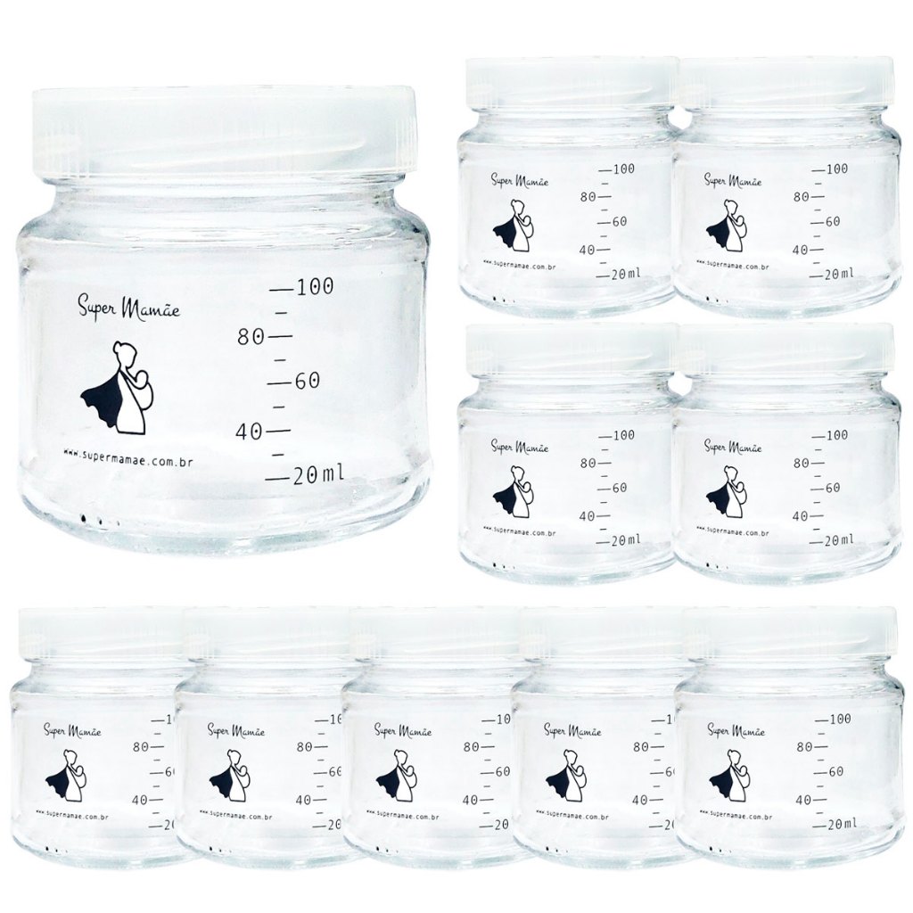 Potes Vidro para Armazenar Leite Materno Graduados 100ml Kit com 10 Unidades