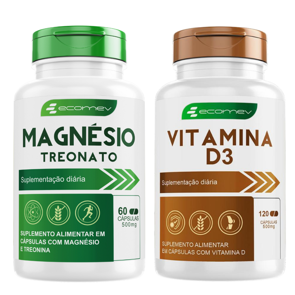Magnésio L - Treonato 500mg + Vitamina D3 2.000UI 500MG Puros 180 Cáps