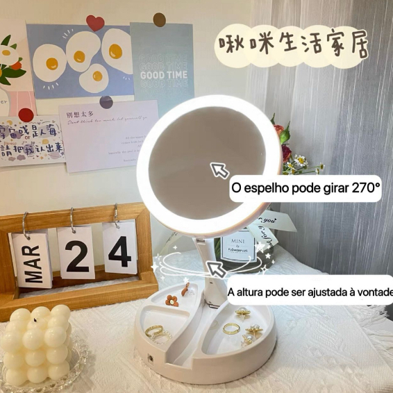 Espelho Maquiagem Duplo Led Mesa Portátil Dobrável Zoom 10x USB ref: HX-3