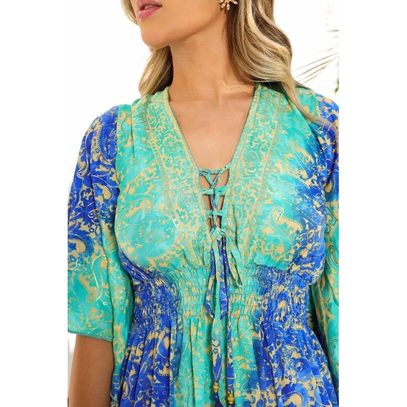 Vestido curto de seda  manga medieval em Oferta na Shopee