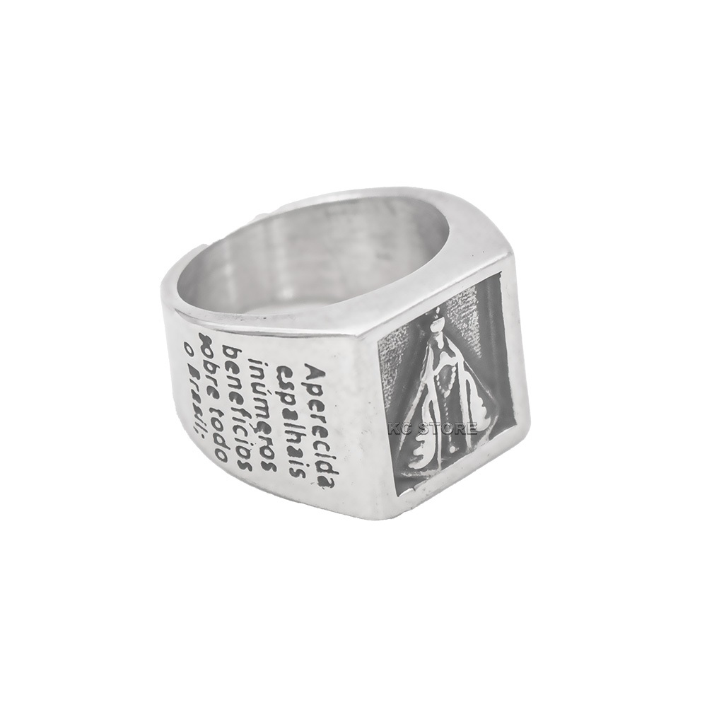 Não Escurece Anel Grosso oração Nossa Senhora Aparecida Aço Inox Prata Prateada Dourado Antialérgico