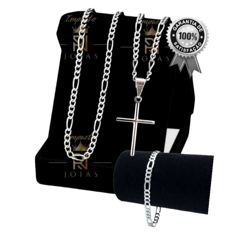 Corrente Masculina Mais Pulseira Banhada Prata Com Pingente São Jorge Dia dos Pais Presente RN0006