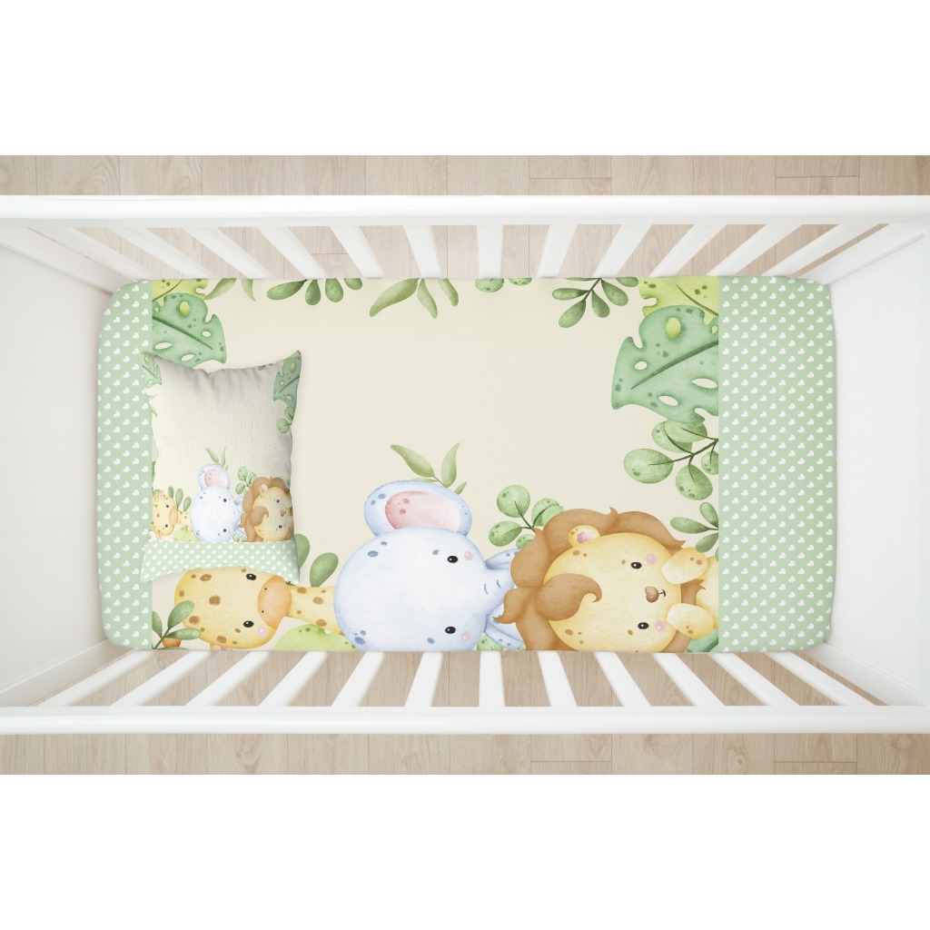 Lençol para Berço Safari,  p/ Bebê, 2 Peças (Lençol Estampado + Fronha Estampada) Decoração;