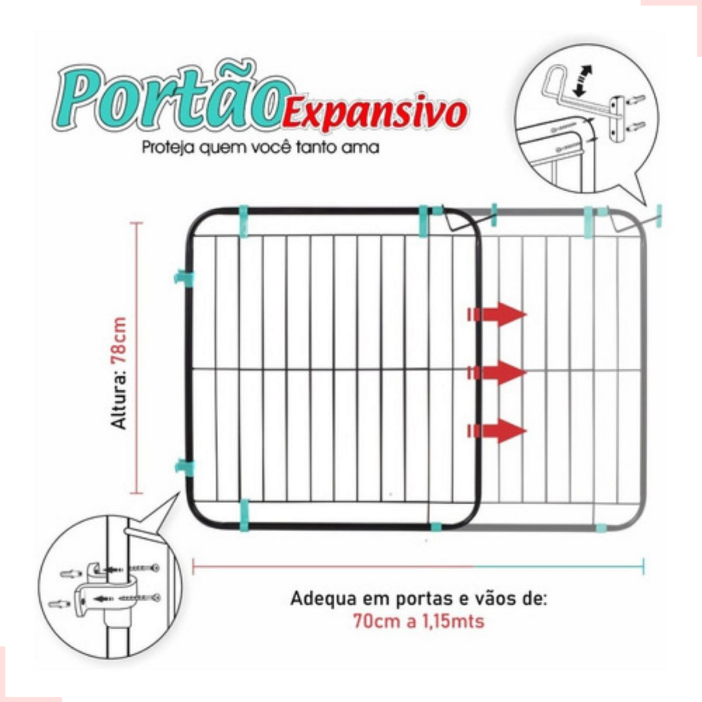 Portão Expansivo Proteção Criança Cão Pet De 70 A 115 Cm