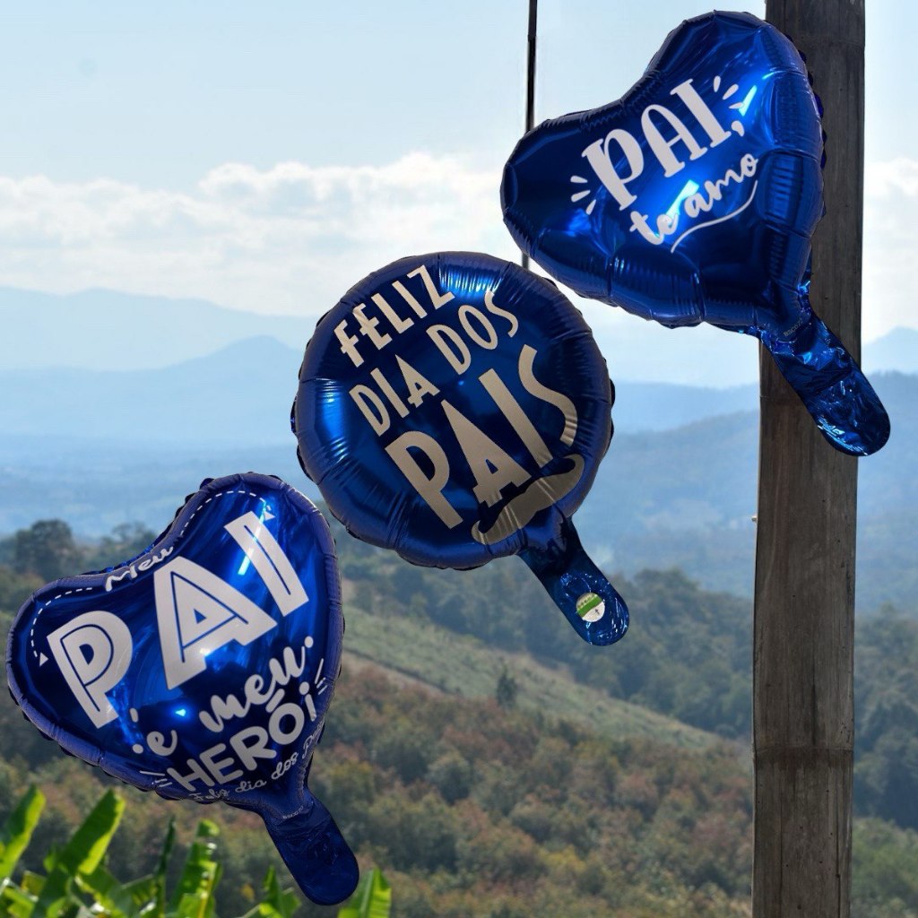 10 Balão Metalizado Coração Azul 24cm Feliz Dia Dos Pais Pai Meu Herói + Varetas 30cm