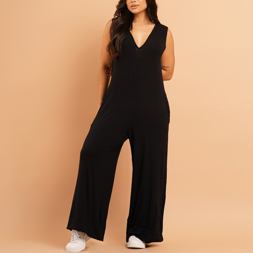 Macacão Feminino Regata Pantalona Longo Com Bolsos Perna Larga Liso Viscolycra