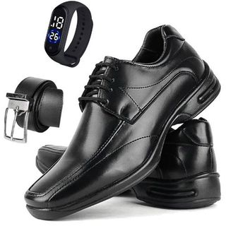 Sapato Social Masculino Couro Italiano Natural Elegante Amarração + Cinto e Relógio Digital