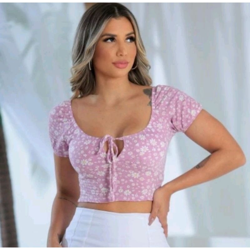 Cropped Amarração Blusa feminina C Gringo Blusa Ombro a Ombro Top florido cropeed Estampado Corceler Blogueira