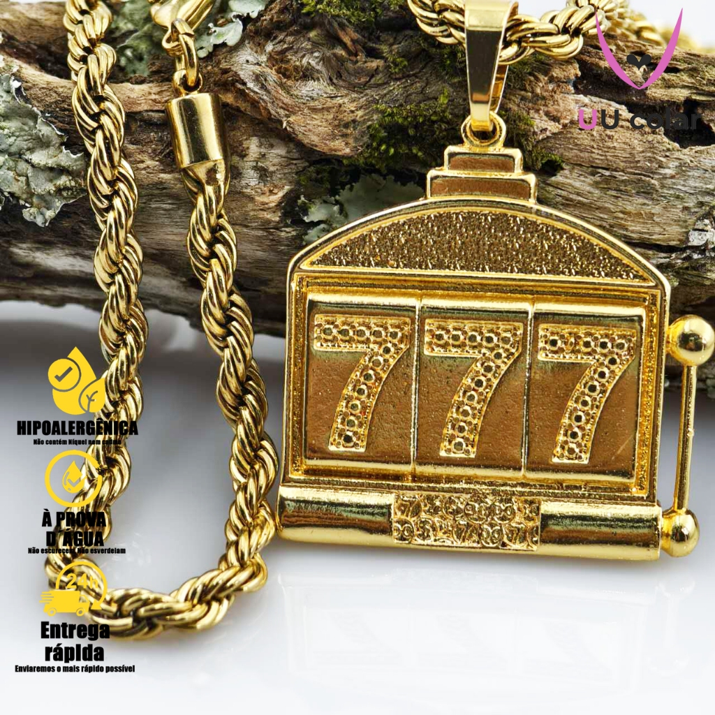 Kit – Corrente Baiana 10mm com Pingente Boa Sorte Cassino 777, Disponível em 3 Tamanhos em Oferta na Shopee