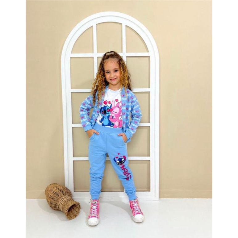Lançamento Conjunto Inverno Stitch 3 Peças Casaco + T-Shirts + Calça Moletom Flanelado Blogueirinha