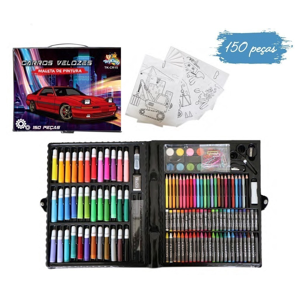 KIT COM 20 UNIDADES DE Carros Velozes Estojo de Pintura Escolar Infantil Maleta de Pintura Canetinhas 150 Peças