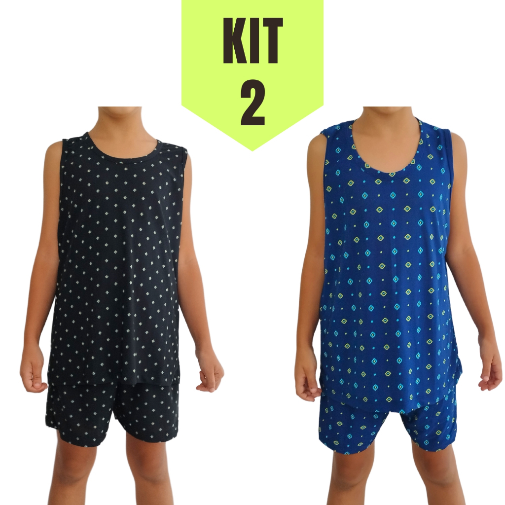 Kit 2 Pijama Masculino Infantil Regata Short Camiseta Liganete de Menino sem Manga Conforto