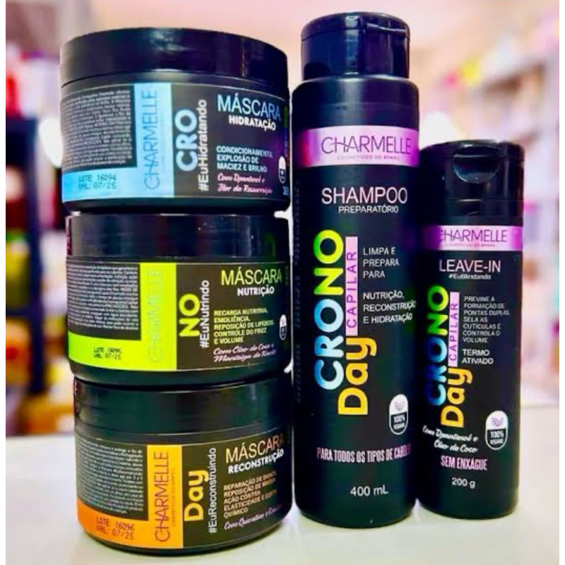 Cronograma Capilar Crono Day 5 Produtos Charmelle Nutrição Hidratação Reconstrução Shampoo e Leave-in