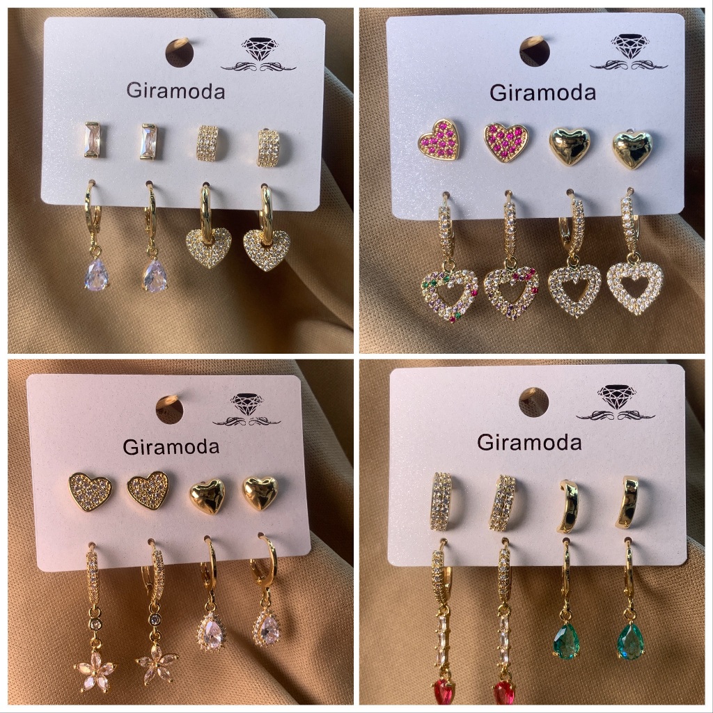 Kit 4 brincos cravejado pedra de zirconia argolinha pingente gota/coracao/bolinha folheados a ouro18k e prata 925