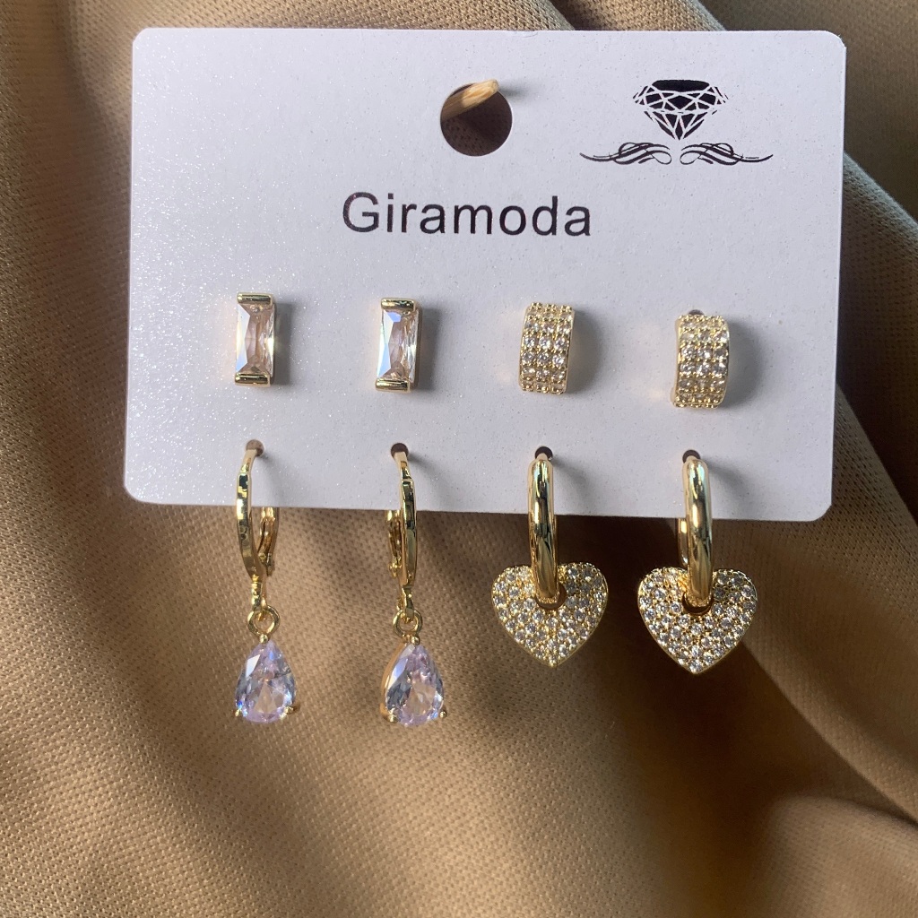 Kit 4 brincos cravejado pedra de zirconia argolinha pingente gota/coracao/bolinha folheados a ouro18k e prata 925
