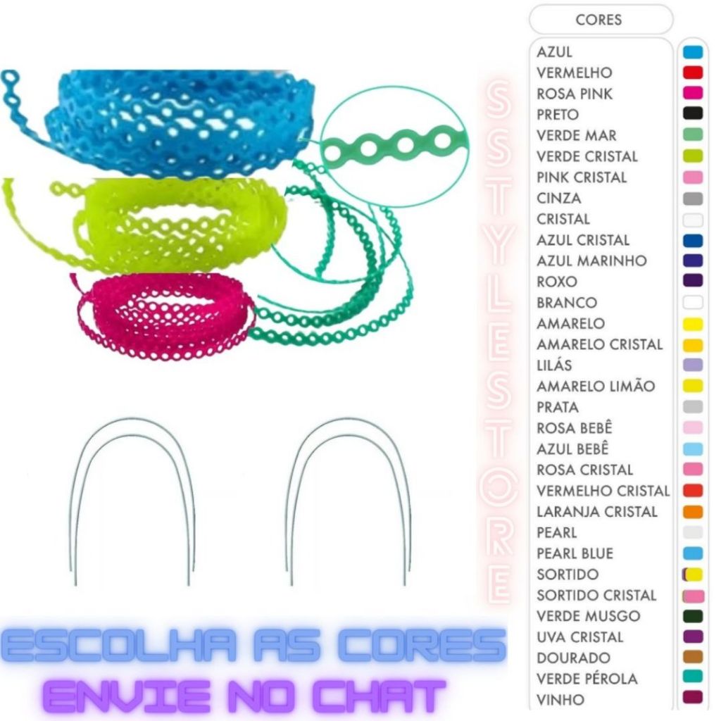 Corrente Elástica Borracha de Aparelho Ortodôntico Colorido 05 Pares Trançada + 04 Fios Niti Prata  Original