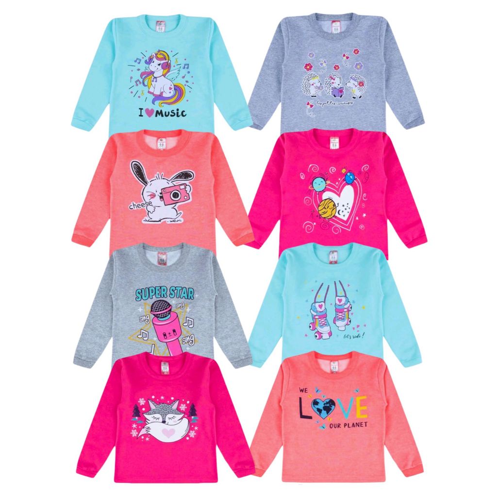 KIT com 4 Blusa de moletom para MENINAS SEM capuz estampado