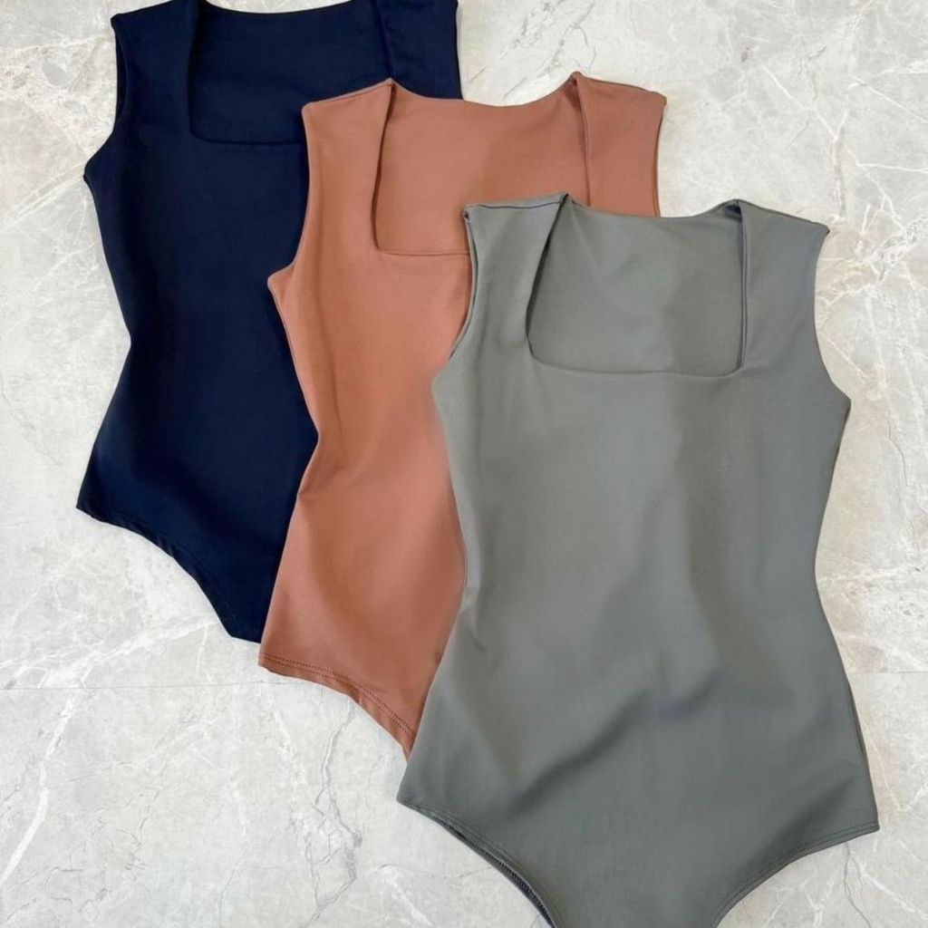 QUADRADO Body Bori Feminino Suplex Regata Alças Grossas Collant Decote Quadrado Básico Cas...