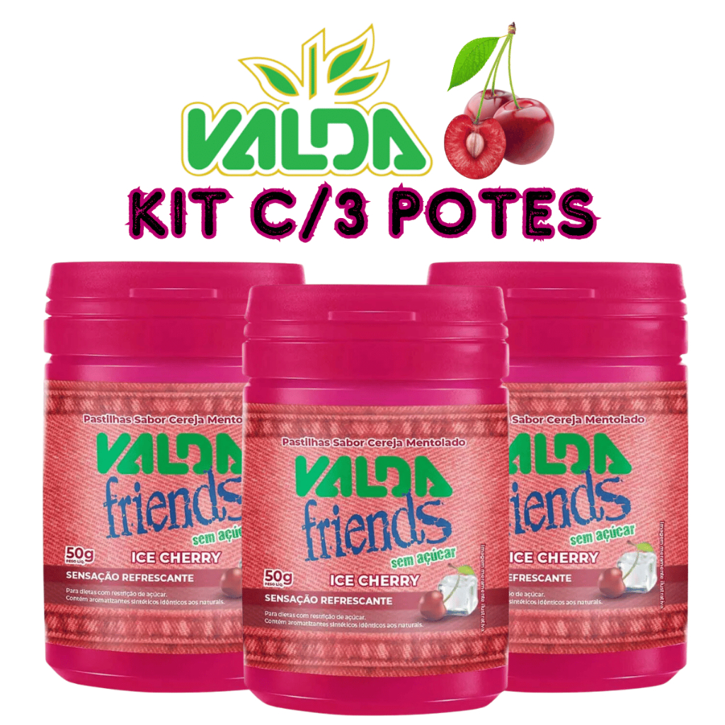 Pastilhas Valda Friends Cereja Ice Cherry Kit C/3 Potes de 50g Cada em Oferta na Shopee