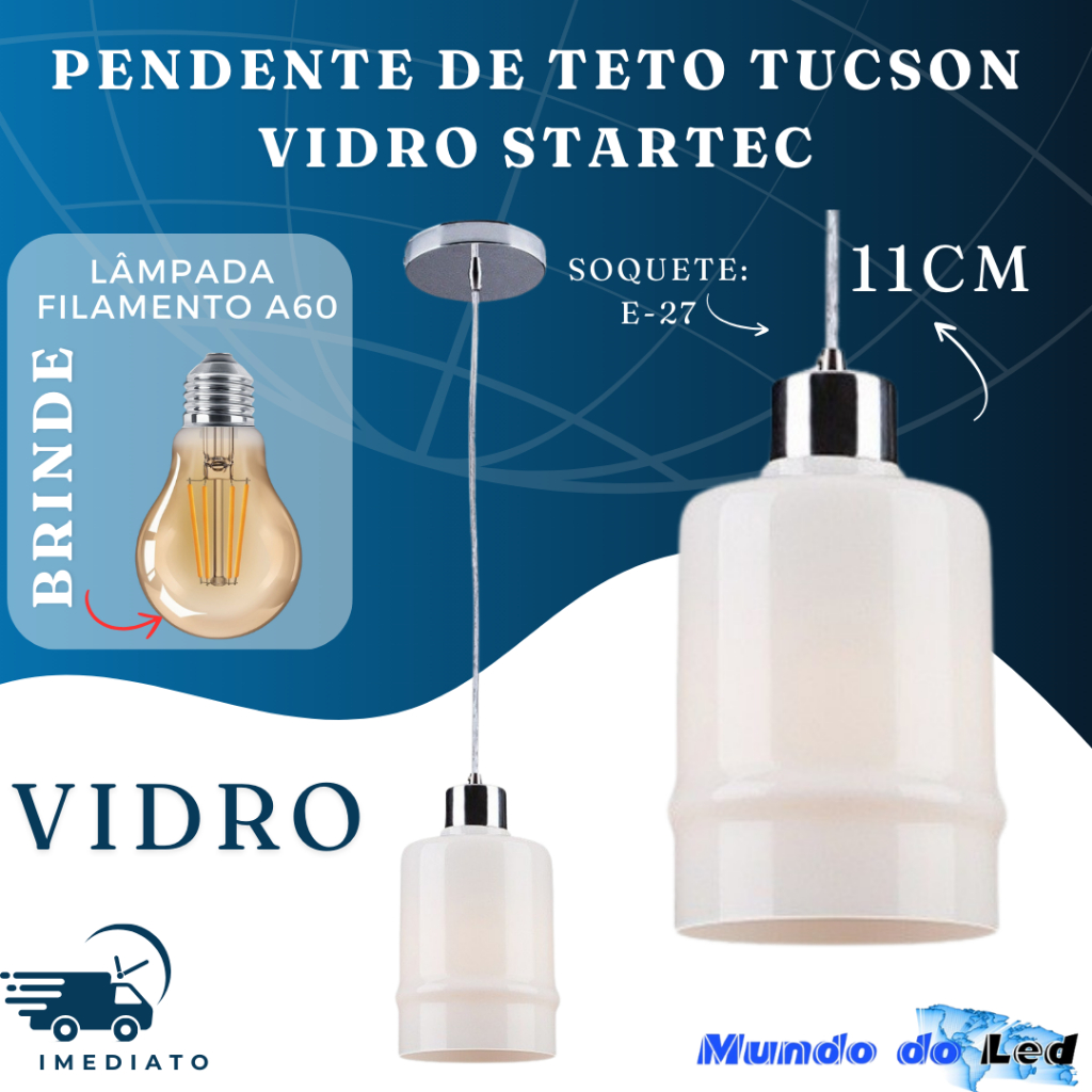 Pendente Luminária de Teto Tucson Vidro Bocal E27 Bancada Quarto e Sala Startec