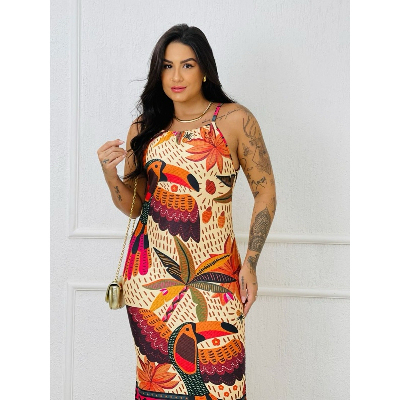 VESTIDO MIDY - vestido feminino flores midi tendência verão estampado tucano tropical estampa flores