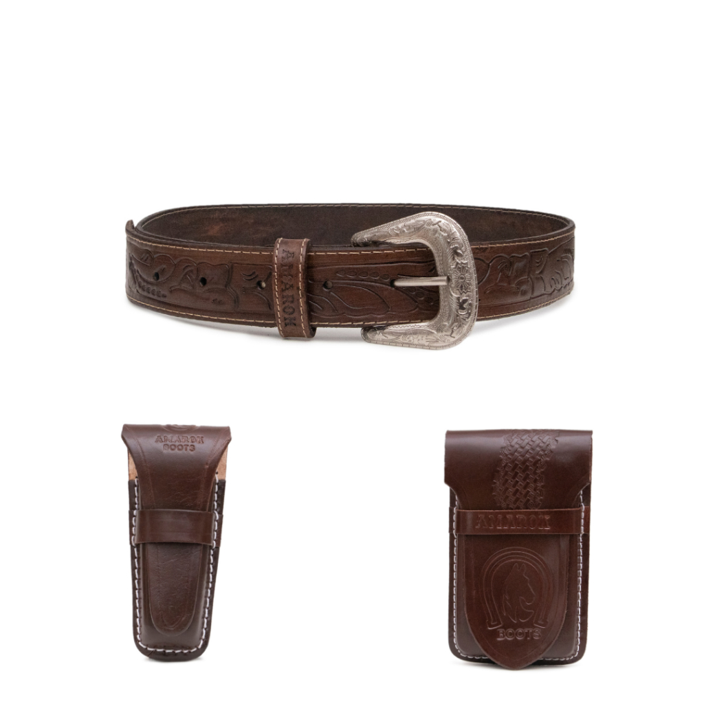 Kit Country Cowboy Em Couro Bainha Para Celular, Bainha Para Canivete E Cinto