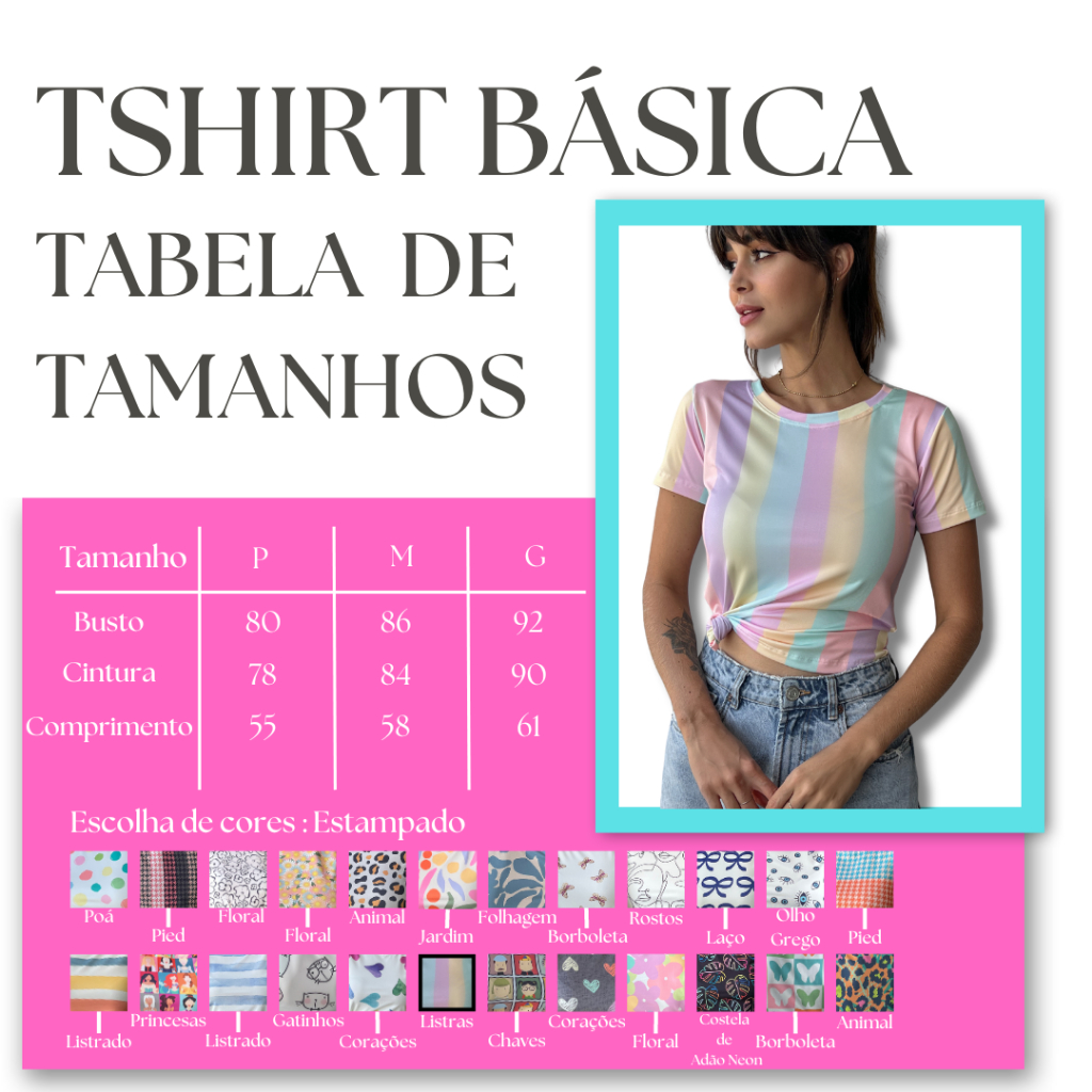 Tshirt Listras Candy Colors Blusa Básica Feminina Camiseta Gola O Malha Suplex Estampada