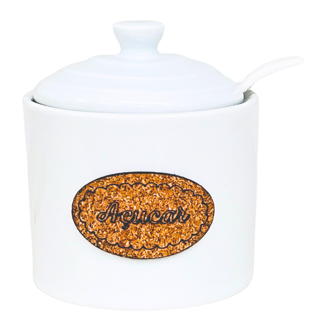 Açucareiro Porcelana Premium Branco 1ª Linha com Colher Bambu ou Porcelana Mesa Posta