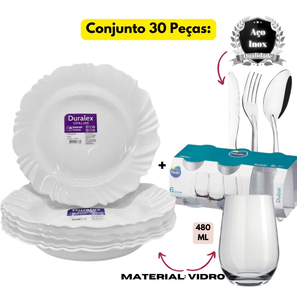 Conjunto Jantar 30 Peças 06 Pratos Fundo+06 Copos Vidro+18 Talheres Inox Pétala Vidro Branco Duralex em Oferta na Shopee